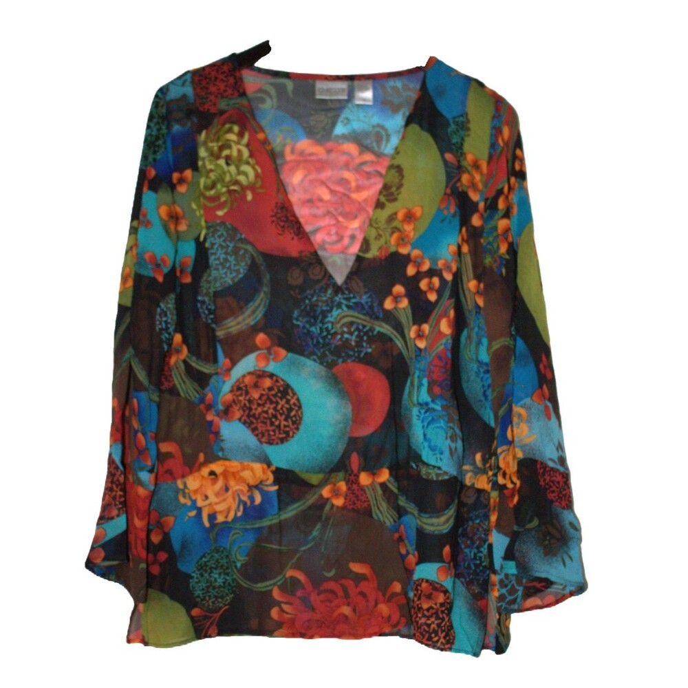Chico's Women's Size 1 Silk Blouse 3/4 Sleeve Shirt Top Floral Print Multicolor